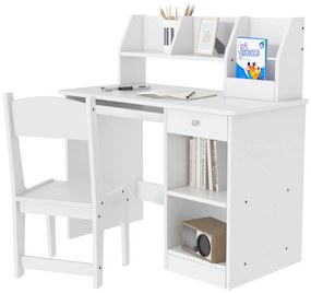 Masa de birou pentru copii ZONEKIZ cu scaun, birou de scoală pentru 5-8 ani din lemn cu poliță și scaun, alb ZONEKIZ | Aosom RO
