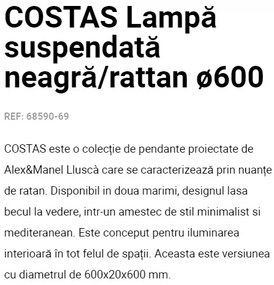 Lustra / Pendul suspendat design natural din ratan COSTAS 60cm