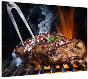 Tablou pe sticlă cu steac pe grill (70x50 cm)