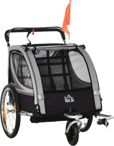 HOMCOM Remorcă pentru bicicletă pentru copii, cărucior pusher, cu frâne, pliabil, pentru 2 copii, Gri/Negru | Aosom Romania