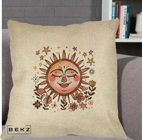Perna Decorativa Soare Retro Boho Floral, 40x40 cm, Crem, Husa Detasabila, Perna Inclusa, BEKZ®