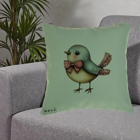 Perna Decorativa Pasare Bleu cu Fundita Rosie, 40x40 cm, Verde, Husa Detasabila, Perna Inclusa, BEKZ®