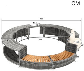 Set de lounge pentru grădină cu canapea rotundă, picioare ajustabile, include perne, pentru jacuzzi și piscină, Gri
