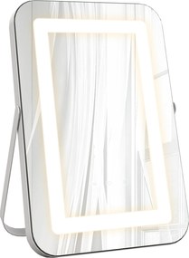 HOMCOM Oglindă de Machiaj LED cu Lumini Reglabile pe 3 Culori, USB și Oglindă de Mărire Rotativă, 31x41,5x3 cm, Alb | Aosom Romania
