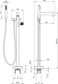 🛁 Baterie freestanding pentru cadă SILIA HEXA, cu set de duș – Finisaj oțel șlefuit – Cod BHS_F17M