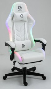 RESIGILAT- Scaun gaming, sistem iluminare bandă LED RGB, masaj în perna lombară, suport picioare, Alb