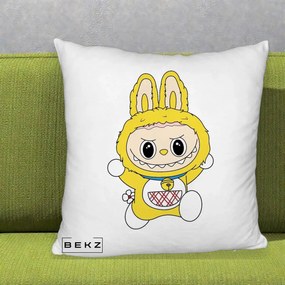 Perna Personalizata Labubu Galben Doraemon, 40x40 cm, Alb Pufos, Husa Detasabila, Perna Inclusa, BEKZ®