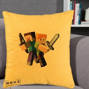 Perna Personalizata Minecraft Steve si Alex, 40x40 cm, Galben, Husa Detasabila, Perna Inclusa, BEKZ®