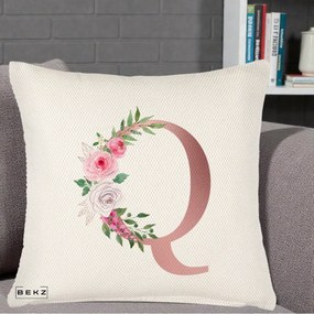 Cadou Personalizat - Perna Personalizata Monograma Rose Gold Litera Q, 40x40 cm, Crem Reliefat, Husa Detasabila, Perna Inclusa, BEKZ®