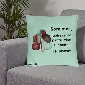 Cadou pentru Sora - Perna Personalizata Sora Mea Te Iubesc Doua Fete Iarna Acuarela, 40x40 cm, Verde Menta, Husa Detasabila, Perna Inclusa, BEKZ®