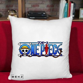 Perna Personalizata One Piece Clasic Albastru, 40x40 cm, Alb Pufos, Husa Detasabila, Perna Inclusa, BEKZ®