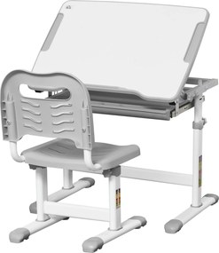 HOMCOM Set Masă și Scaun pentru Copii 6-12 ani, Reglabil pe Înălțime, cu Blat Înclinabil la 45°, 66x47x52-77 cm, Gri | Aosom Romania