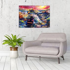 Tablou pe sticlă - Navă pe valurile oceanului, aquarelă (70x50 cm)