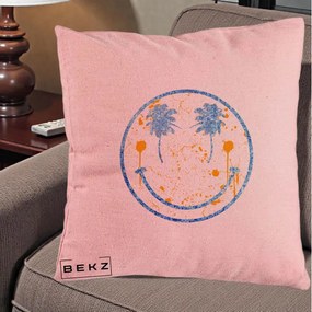 Perna Decorativa Smiley Face Tropical Albastru Glitter si Portocaliu, 40x40 cm, Roz, Husa Detasabila, Perna Inclusa, BEKZ®