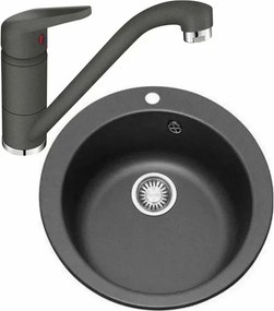 Set chiuveta bucatarie compozit Franke Single 1 cuva 50 cm tectonite finisaj negru mat cu baterie Novara Plus