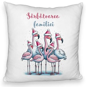 Perna Decorativa Fluffy cu tematica de Craciun, Flamingo si Text 2, 40x40 cm, Alba, Husa Detasabila, Burduf