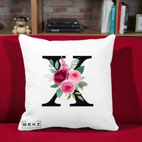 Cadou Personalizat - Perna Personalizata Monograma Florala Litera X cu Buchet, 40x40 cm, Alba Mata, Husa Detasabila, Perna Inclusa, BEKZ®
