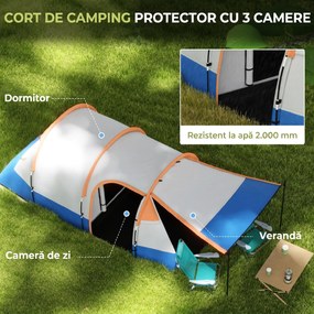Outsunny Cort de Camping pentru 2-3 Persoane Impermeabil cu 2 Zone și 3 Intrări, 420x200x150 cm, Portocaliu | Aosom Romania