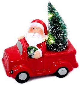 Decoratiune Craciun, polirasina, Mos Craciun in camioneta cu bradulet, LED, 2xAAA, 12.5x6x11.8 cm, Magic Home