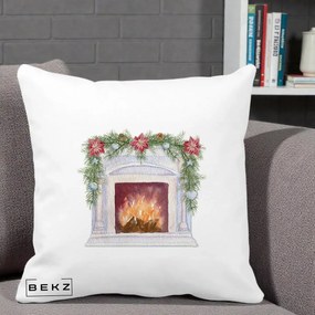 Perna Decorativa Semineu de Craciun Watercolor, 40x40 cm, Alba Mata, Husa Detasabila, Perna Inclusa, BEKZ®