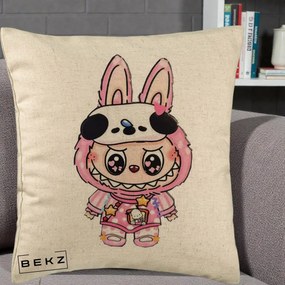 Perna Personalizata Labubu Panda-Bunny Roz, 40x40 cm, Bej, Husa Detasabila, Perna Inclusa, BEKZ®