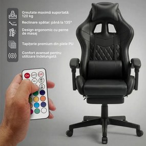 RESIGILAT- Scaun gaming, sistem iluminare bandă LED RGB, masaj în perna lombară, suport picioare, Negru