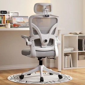 ErgoVision Sponge – Scaun Ergonomic, Suport Lombar Reglabil, Tetieră Reglabilă, Cotiere Rabatabile, Recliner 135°, Umeras, Mesh, Alb/Gri