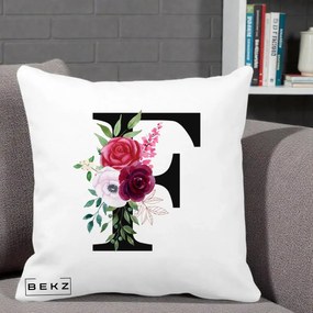 Cadou Personalizat - Perna Personalizata Monograma Florala Litera F, 40x40 cm, Alba Mata, Husa Detasabila, Perna Inclusa, BEKZ®
