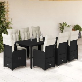 3277140 vidaXL Set bistro de grădină, 9 piese, cu perne, negru, poliratan