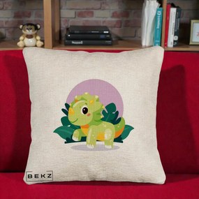 Perna Decorativa Triceratops Kawaii Verde, 40x40 cm, Bej Canapea, Husa Detasabila, Perna Inclusa, BEKZ®