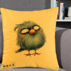 Perna Decorativa Pui Pufos Albastru Adormit, 40x40 cm, Galben, Husa Detasabila, Perna Inclusa, BEKZ®