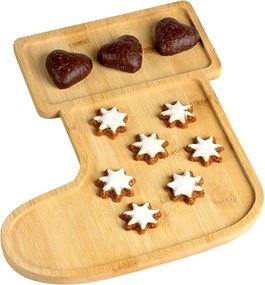 Tava de servit din bambus in forma de ciorap tema Craciun Kesper 94072, 2 compartimente, 30,5 cm, Maro