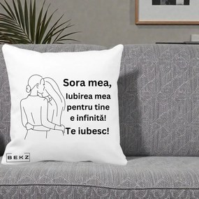 Cadou pentru Sora - Perna Personalizata Sora Mea Te Iubesc Imbratisare din Spate Line Art, 40x40 cm, Alba Mata, Husa Detasabila, Perna Inclusa, BEKZ®