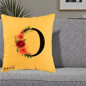 Cadou Personalizat - Perna Personalizata Monograma Florala Litera O, 40x40 cm, Galben, Husa Detasabila, Perna Inclusa, BEKZ®