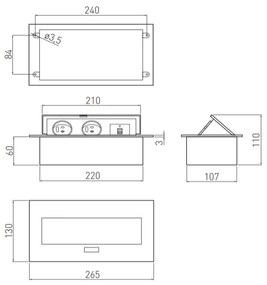 Priza incastrabila dreptunghiulara, 2 prize scuko + 2 USB 5V 2.1A, fara cablu, neagra, prize albe, GTV