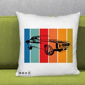 Perna Personalizata Masina Retro Muscle Car Grafic, 40x40 cm, Alb Pufos, Husa Detasabila, Perna Inclusa, BEKZ®