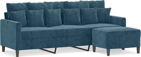 vidaXL Canapea cu 3 locuri și taburet, albastru, 180 cm, catifea