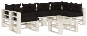 3052364 vidaXL Set mobilier grădină din paleți cu perne negre, 7 piese, lemn