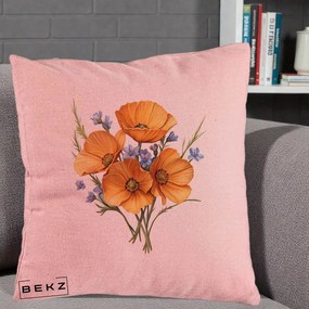 Perna Decorativa Maci Portocalii cu Floricele Albastre, 40x40 cm, Roz, Husa Detasabila, Perna Inclusa, BEKZ®