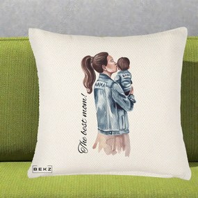 Cadou pentru Mama - Perna Personalizata The Best Mom Jachete, 40x40 cm, Crem Reliefat, Husa Detasabila, Perna Inclusa, BEKZ®