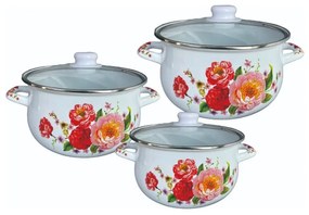 Set 3 oale cu capac din sticla Rosberg Casserole R54518F3G, 6 piese, Email, Capac de sticla, Inductie, tărandafiri în floare, alb