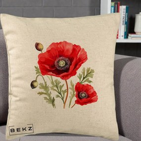 Perna Decorativa Maci Rosii Acuarela, 40x40 cm, Bej, Husa Detasabila, Perna Inclusa, BEKZ®
