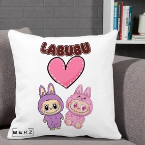 Perna Personalizata Labubu Cuplu Inima, 40x40 cm, Alba Mata, Husa Detasabila, Perna Inclusa, BEKZ®