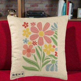 Perna Decorativa Flori Grafice Roz Pastel, 40x40 cm, Bej, Husa Detasabila, Perna Inclusa, BEKZ®