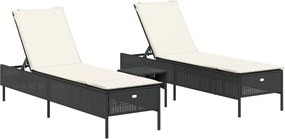 vidaXL Set de șezlonguri, 3 piese, cu pernă, poliratan negru