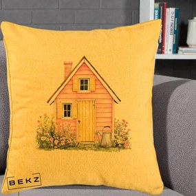 Perna Decorativa Casuta Roz Acuarela cu Gradina, 40x40 cm, Galben, Husa Detasabila, Perna Inclusa, BEKZ®