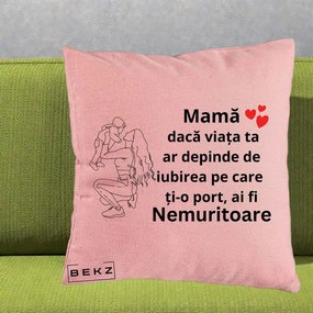 Cadou pentru Mama - Perna Personalizata Mama Nemuritoare Portret Graphic, 40x40 cm, Roz, Husa Detasabila, Perna Inclusa, BEKZ®