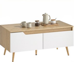 HOMCOM Masă de cafea dreptunghiulară, masă de living modernă cu 2 sertare, 5 picioare din lemn de pin, 100x50x46cm, stejar și alb | Aosom Romania