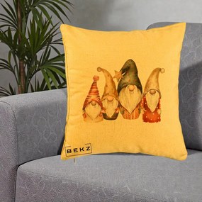 Perna Decorativa Gnomi de Craciun Patru, 40x40 cm, Galben, Husa Detasabila, Perna Inclusa, BEKZ®