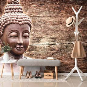 Tapet statuie Budha pe fundalul din lemn